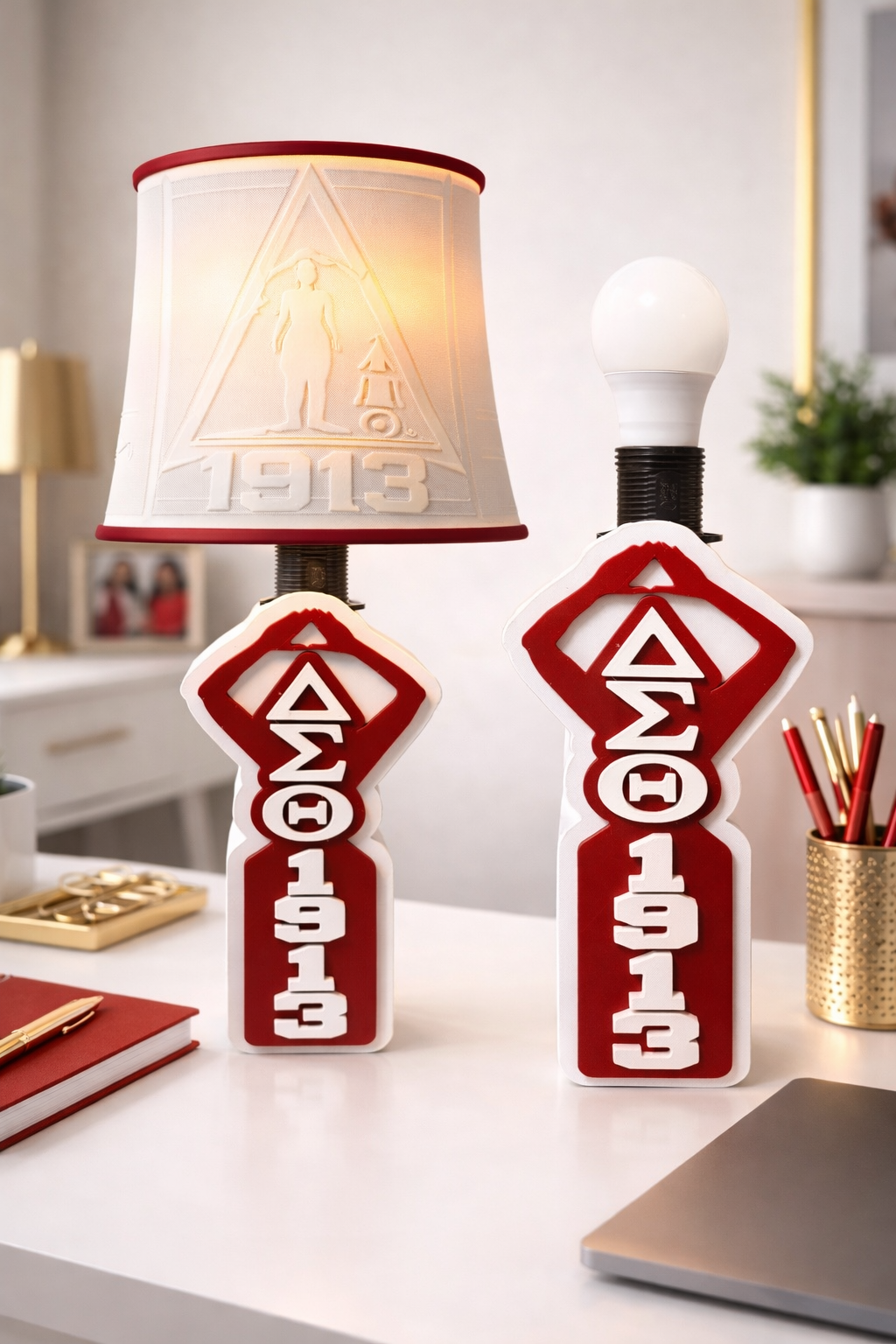 Delta Sigma Theta 1913 Lamp | Sorority Desk Decor | DST Gift | Custom Greek Paraphernalia | Red & White Lamp