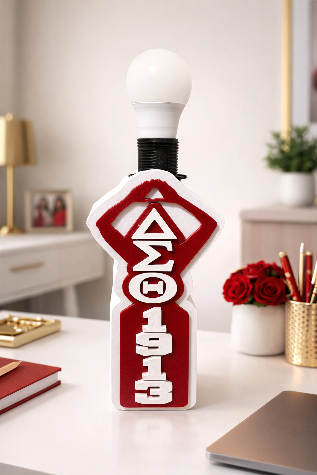 Delta Sigma Theta 1913 Lamp | Sorority Desk Decor | DST Gift | Custom Greek Paraphernalia | Red & White Lamp