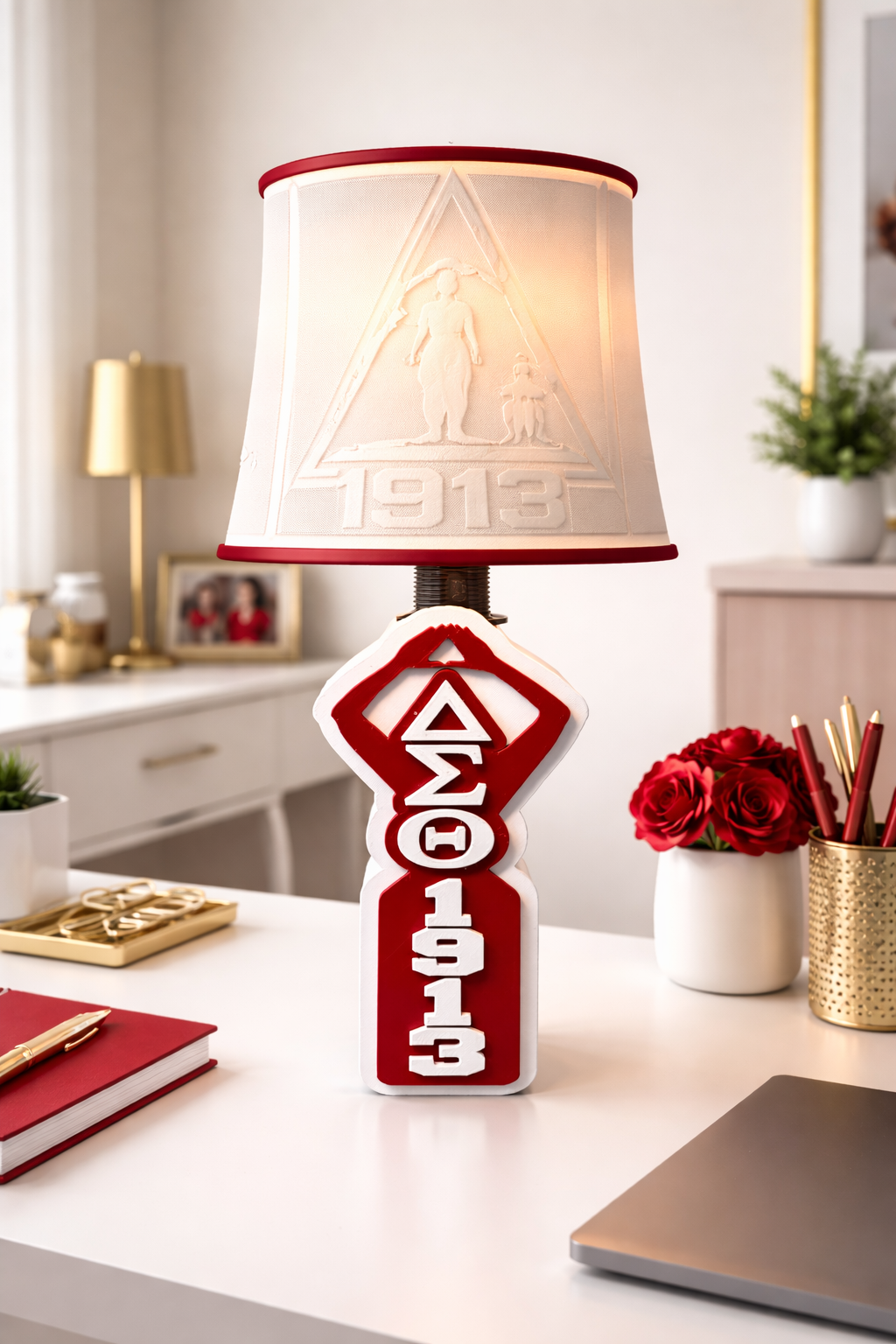 Delta Sigma Theta 1913 Lamp | Sorority Desk Decor | DST Gift | Custom Greek Paraphernalia | Red & White Lamp