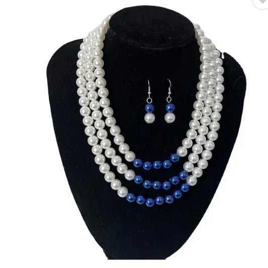 Blue/White Pearls with Earrings Set