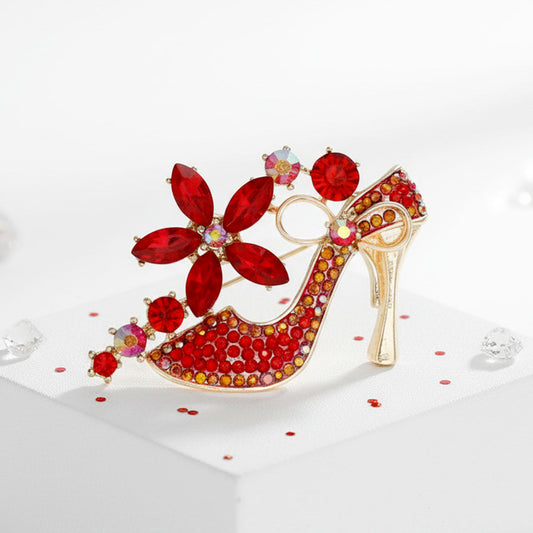 Brooch Red Crystal High Heel Flower Gold Pin
