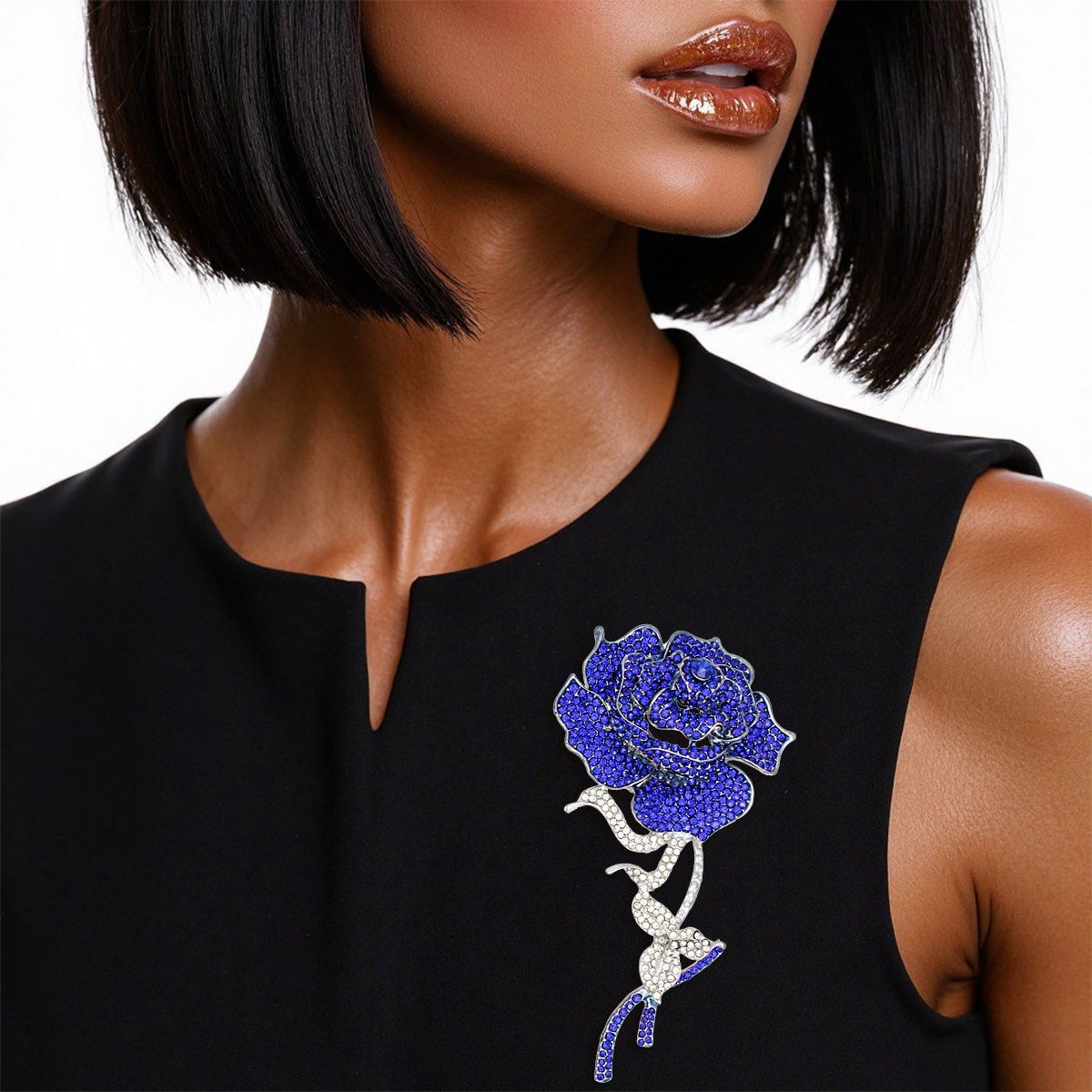 ZPB Sisterhood Sparkle Blue Rose Blooming Brooch