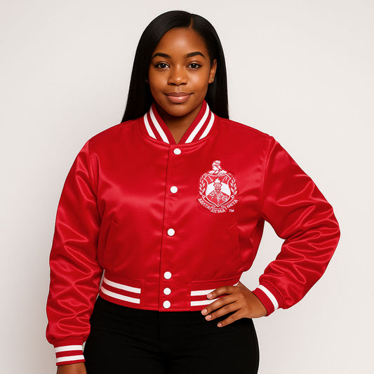 DST Greek Apparel M Cropped Satin Varsity Jacket